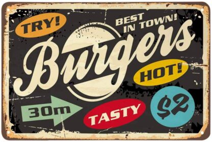 8x12 inch Burger Tin Sign,Hot Delicious Stain Oval Circle Arrow Geometric