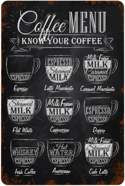 8x12 inch Coffee Menu Tin Sign Drink Names Retro Style Drawing