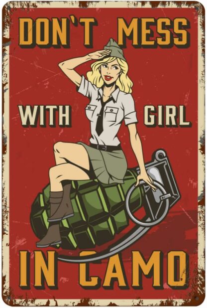 8x12 inch Salute to Soldier Vintage Tin Sign Blonde Sitting on Top