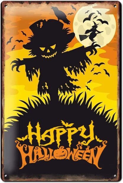 8x12 inch tin sign Halloween Scary Scarecrow with Moon and Cartoon