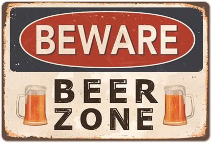 8x12 inch Beware Beer Zone Metal Tin Sign,Retro Vintage Safety Warning Tin Signs