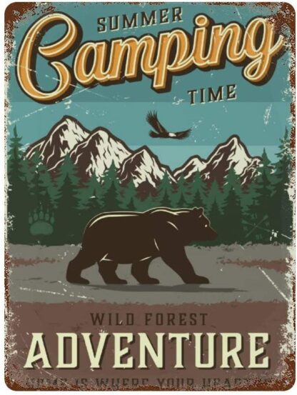 8x12 inch A Camping Bear in The Forest Retro Tin Sign,Sunner Time to Adventure