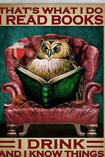 8x12 inch Owl Reads Book Drink Wine That's What I Do I Read Books Sign