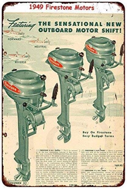 8x12 inch Tin Sign Firestone Outboard Motors 1949 Vintage Boat Ad