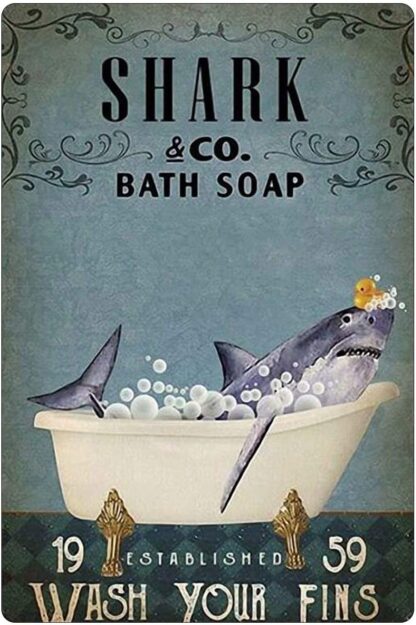 8x12 inch Funny Tin Sign, Shark in Bathtub Poster, Bathroom Living Room