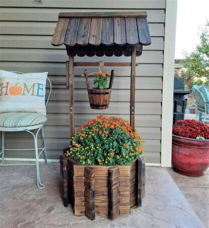 Brown Wooden Wishing Well for Outdoors with Hanging Bucket Flower Planter