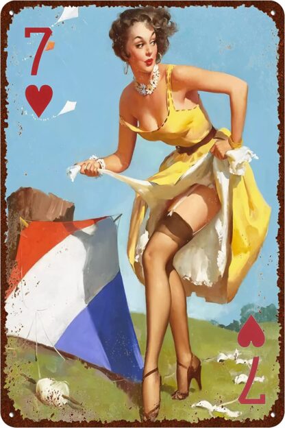 8x12 inch Vintage Poker Seven of Hearts Sign, Poker Pin Up Girl Metal Sign