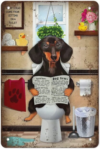 8x12 inch Dachshund Puppy Sitting On A Toilet Vertical tin sign