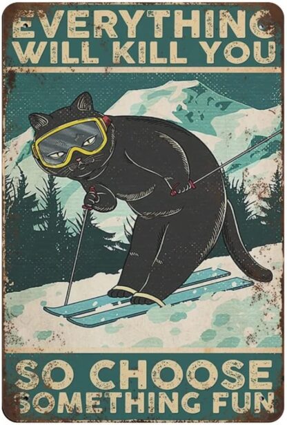 8x12 Inches Vintage Funny Metal Tin Black Cat Skiing Everything