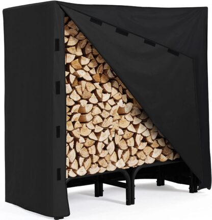 4ft Black Firewood Log Rack with Waterproof Cover Combo Set