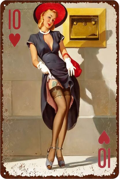 8x12 inch Vintage Poker Ten of Hearts Sign, Poker Pin Up Girl Metal Sign