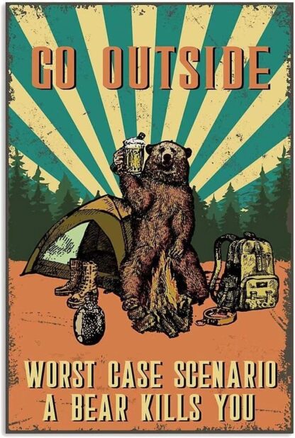 8x12 inch Bear Drinking in The Forest and Camping Tin Sign