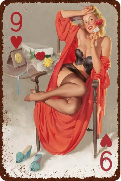 8x12 inch Vintage Poker Nine of Hearts Sign, Poker Pin Up Girl Metal Sign