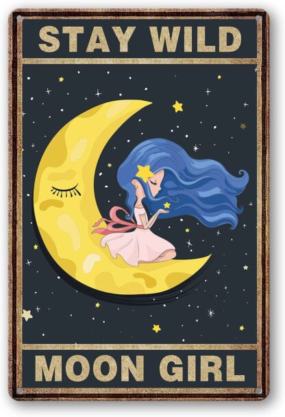 8x12 inch Stay Wild Moon Girl Sign Metal Tin Signs, Vintage Art Poster 