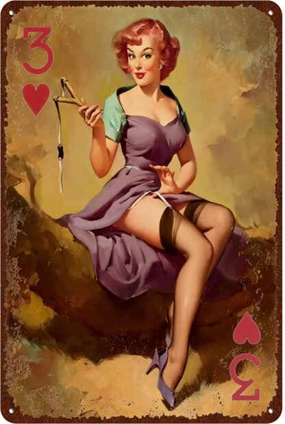 8x12 inch Vintage Poker Three of Hearts Sign, Poker Pin Up Girl Metal Sign