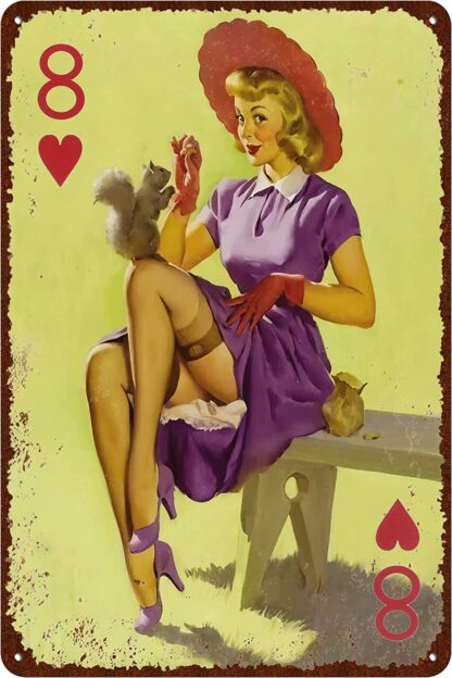 8x12 inch Vintage Poker Eight of Hearts Sign, Poker Pin Up Girl Metal Sign