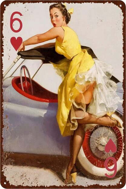 8x12 inch Vintage Poker Six of Hearts Sign, Poker Pin Up Girl Metal Sign