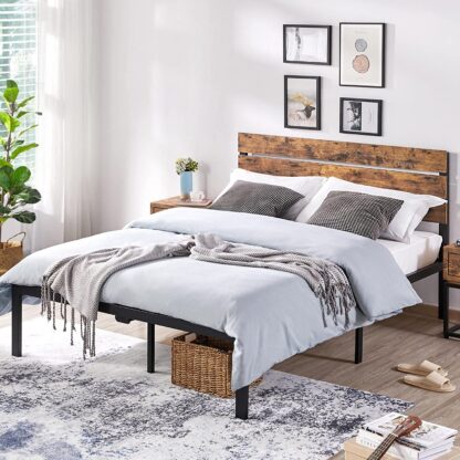 Brown Platform Bed Frame Queen with Wood Headboard and Metal Slats