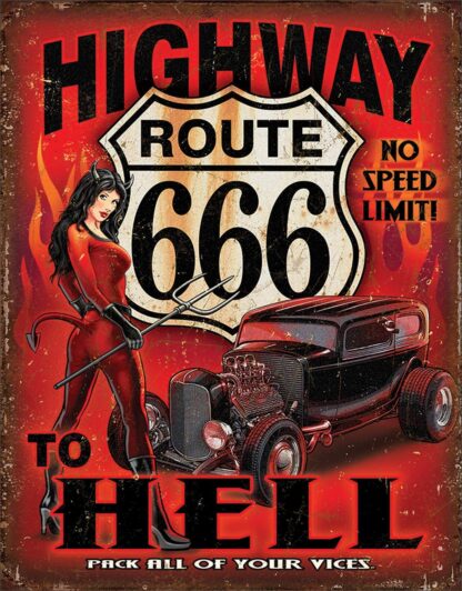 8x12 inch Route 666 - Highway to Hell Tin Sign - Nostalgic Vintage Metal