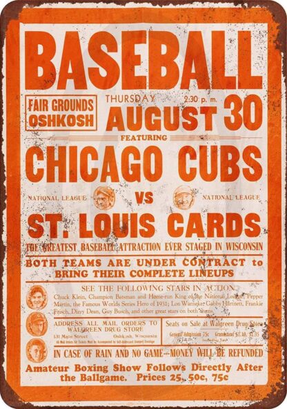 8x12 inch Tin Sign 1934 Cubs vs. Cardinals at OshKosh Vintage Look