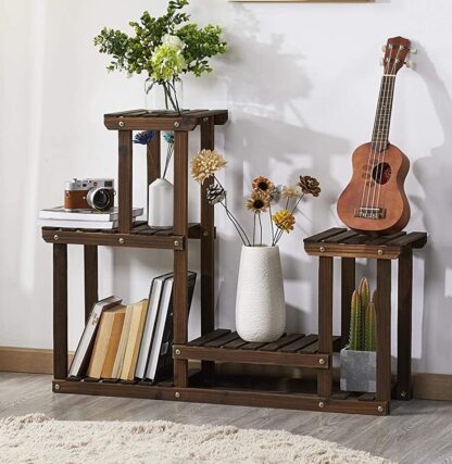 Brown Flower Display Stand Wooden Plant Shelf Racks Indoor