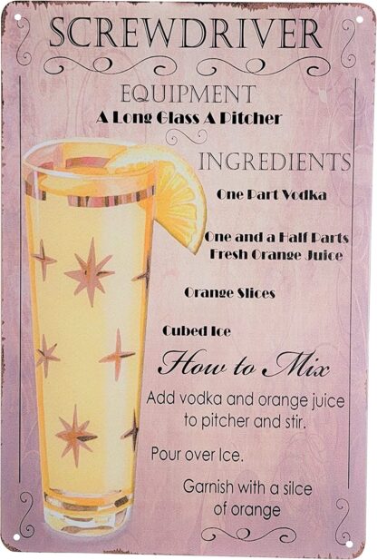 8" x 12" Popular Cocktails and Drink Mix Recipes Menu on Metal Tin Sign