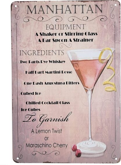 8" x 12" Popular Cocktails and Drink Mix Recipes Menu on Metal Tin Sign