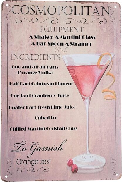 8" x 12" Popular Cocktails and Drink Mix Recipes Menu on Metal Tin Sign