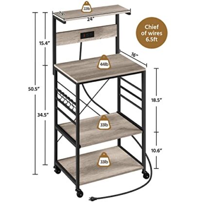 4-Tier Grey Bakers Rack with Power Outlet and Wheels - Image 6