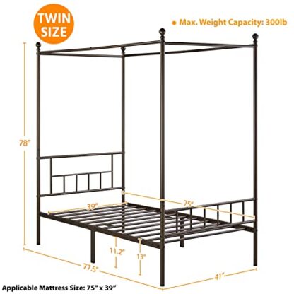 Twin Size Bronze Metal Four-Poster Canopy Bed Mattress Foundation - Image 5