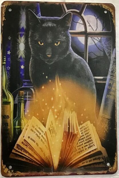 8x12 inch Metal Sign Black Cat Superstition Magic Spells Witchcraft Book Potions