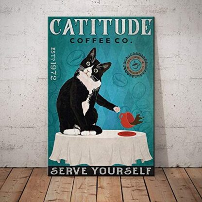 8x12 inch Metal Tin Sign Tuxedo Cat Coffee Company Catitude Coffee Co. Serve