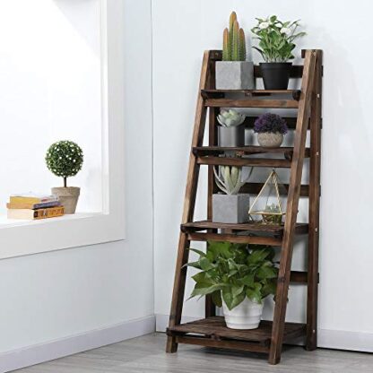 Brown Foldable Ladder Shelves, Wall-Leaning Home Office Storage Rack Shelves - Image 7