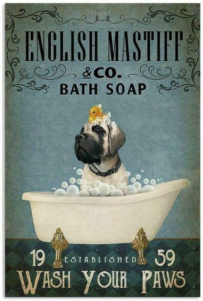 8x12 Inch English Mastiff Bath Wash Your Paws Vintage Metal Tin Sign