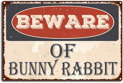 8x12 inch Beware of Bunny Metal Tin Sign, Funny Retro Safety Warning Tin Signs