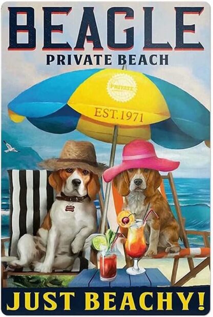 8x12 inch Metal Tin Retro Sign Beagle Private Beach Just Beachy Vintage Art