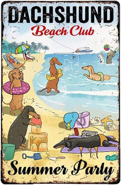 8x12 inch Vintage Painting Tin Sign Dachshund Beach Club Poster Summer Party