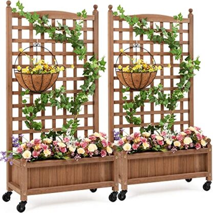 2PCS 50" H Brown Raised Garden Bed with Trellis; Wheels Standing Vertical Planter Box - Image 10