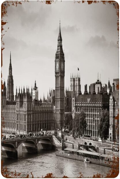 8x12 inch Metal Tin Sign Westminster with Big Ben London Sepia White