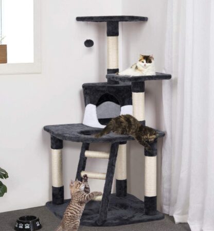 Dark Gray and White Cat Tree Tower Kitty House, 32L x 27W x 47.5H Inches