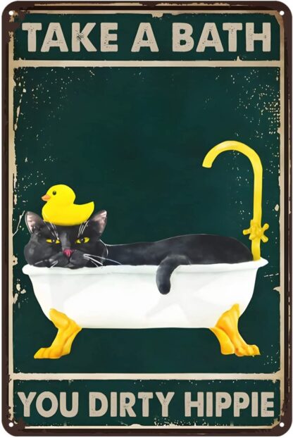 8x12 inch Black Cat Take A Bath Metal Sign Retro Decor Cat Tin Sign