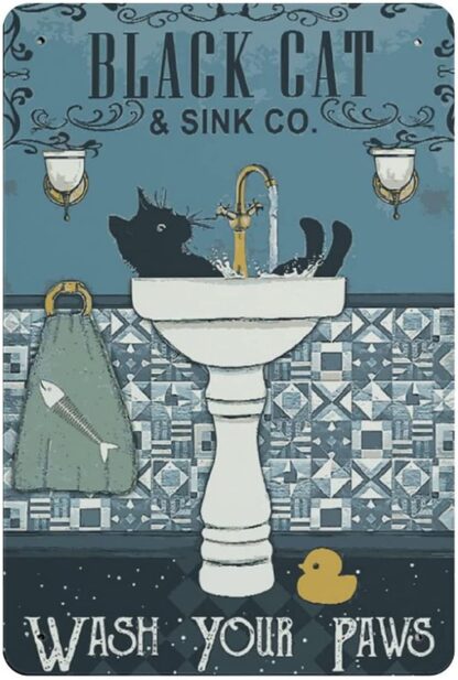 8x12 inch Cat tin Sign, Wash Your Paws, Black Cat Art Print, Bathroom Decor