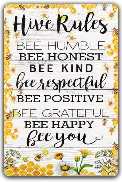 8x12 inch Bee Garden Decor Farm Hive Rules Tin Sign Vintage Bumble Bee Kitchen