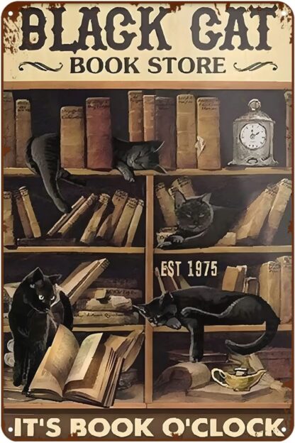 8x12 inch Funny Metal Sign Black Cat Book Store It is Book O'Clock