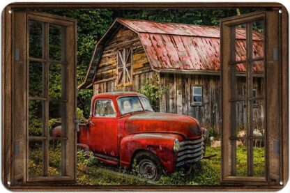 8x12 inch Retro Tin Sign Old Farm Home Barn and Red Truck Outside The Window