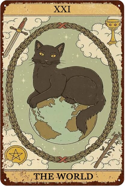 8x12 inch Cat Vintage Tin Signs - Tarot Card The World xxi Metel Signs