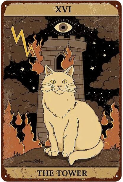 8x12 inch Cat Vintage Tin Signs - Tarot Card The Tower XVI Metel Signs