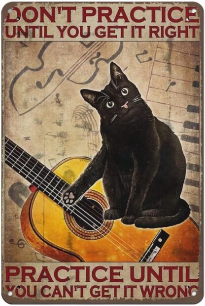 8x12 inch Metal Tin,Guitar Cat Don Practice Until You Get It Right Practice