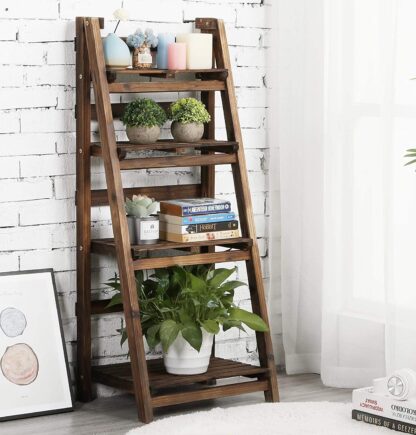 Brown Folding Ladder Shelf, Foldable Indoor Outdoor Shelves Wood Ladder Shelf