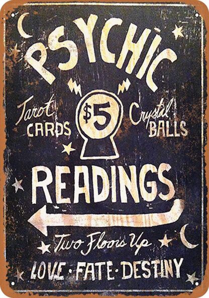 8x12 inch Nice Metal Sign Psychic Readings $5 Tarot Cards Crystal Balls Vintage